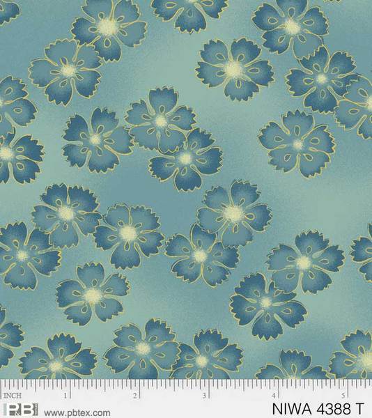 New! NIWA Small Floral - Per Yard - by P&B Textiles - Gold Metallic, Flowers, Tonal, Blender - 4388 - LB - Light Blue - RebsFabStash