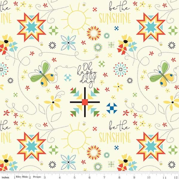 NEW! Oh Happy Day! - per yard - by Sandy Gervais - Riley Blake Designs - Flowers, stars, suns, sayings - Main Black - RebsFabStash