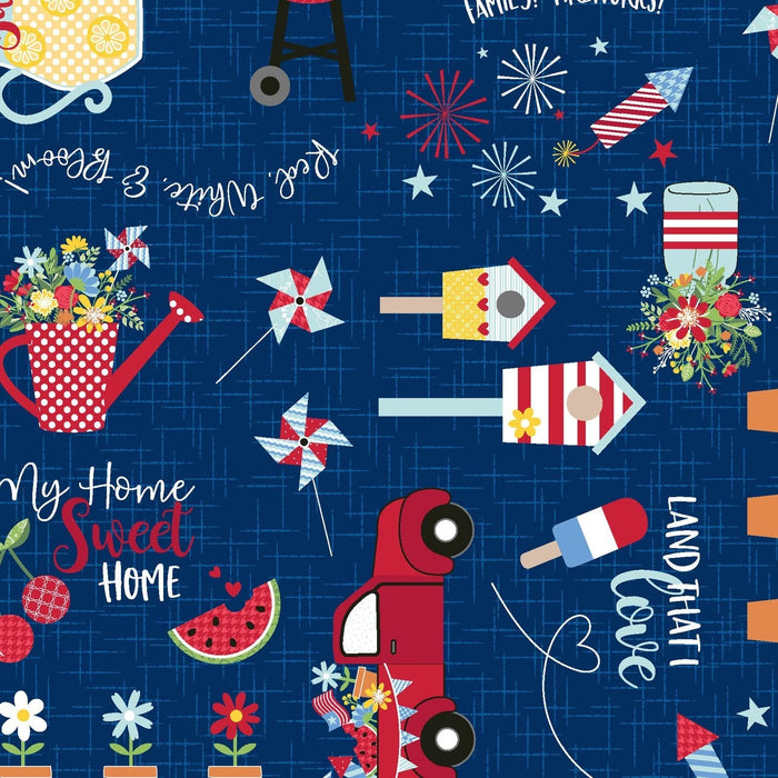 Red, White, & Bloom Blue Picnic and Firework Print by Kimberbell for Maywood Studio at RebsFabStash