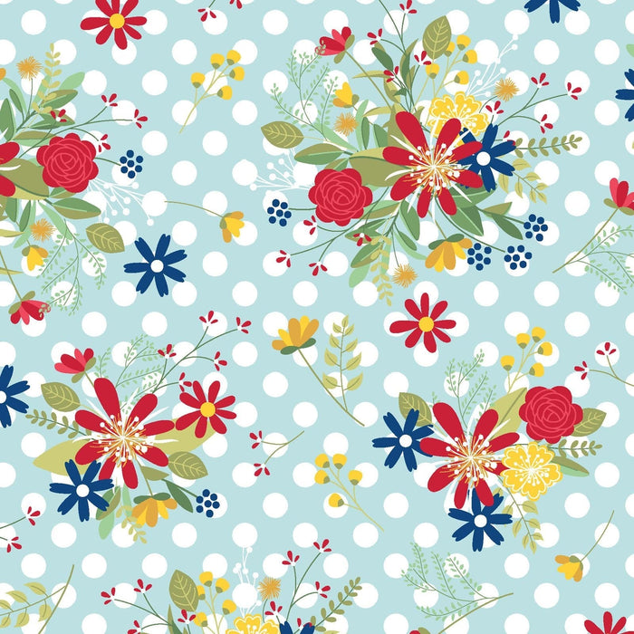 Red, White, & Bloom Blue Polka Dot Flower Print by Kimberbell for Maywood Studio at RebsFabStash