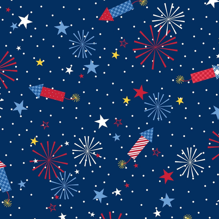 Red, White, & Bloom Firework Print in Blue by Kimberbell for Maywood Studio at RebsFabStash