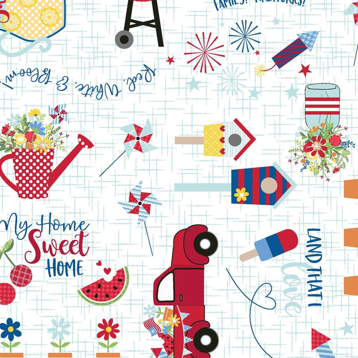 Red, White, & Bloom Fireworks and Picnic Print by Kimberbell for Maywood Studio at RebsFabStash
