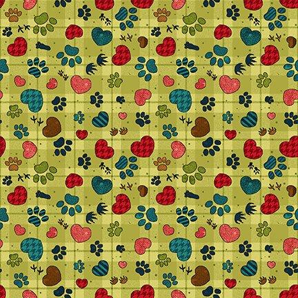 New! Rescued and Loved - Paw Print Allover - Per Yard - by Leanne Anderson and Kaytlyn Kuebler - Henry Glass - Animal prints and hearts - 9396-66 Green - RebsFabStash