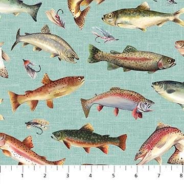Rod and Reel - Assorted Fish on Linen - By the Yard - by Deborah Edwards for Northcott - Aqua - RebsFabStash