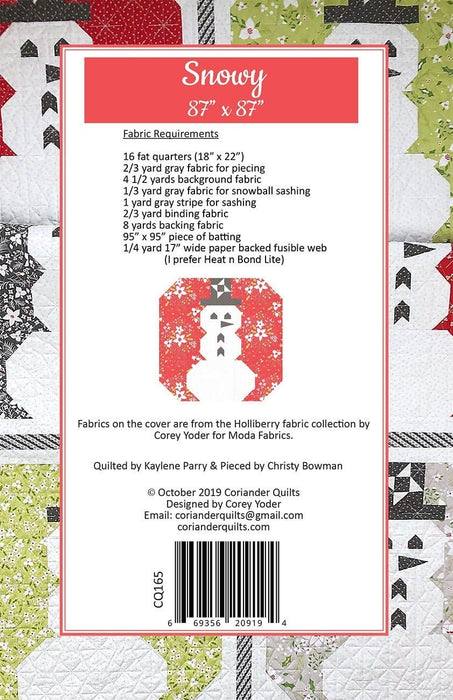 New! Snowy #165 - Quilt PATTERN - Coriander Quilts by Corey Yoder - Fat Quarter Friendly Quilt - snowmen, winter - RebsFabStash