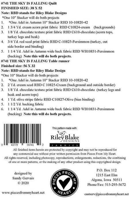 NEW! - The Sky is Falling - Quilt & Table Runner PATTERN - Sandy Gervais -Pieces From My Heart -Features Adel In Autumn - Riley Blake - #741 - RebsFabStash