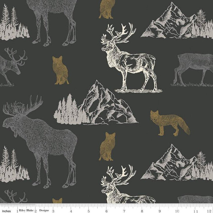 New! Timberland - per yard - for Riley Blake Designs - Outdoors - Wildlife - Mountains Charcoal - RebsFabStash