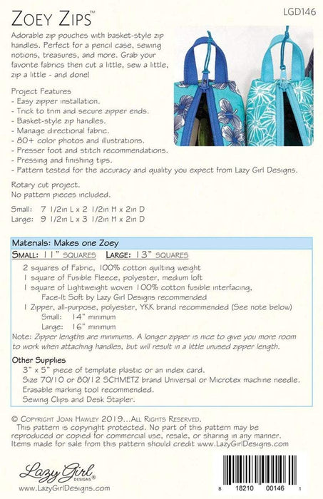 New! Zoey Zips - Pouch Pattern - Lazy Girl Designs - LGD146 - RebsFabStash
