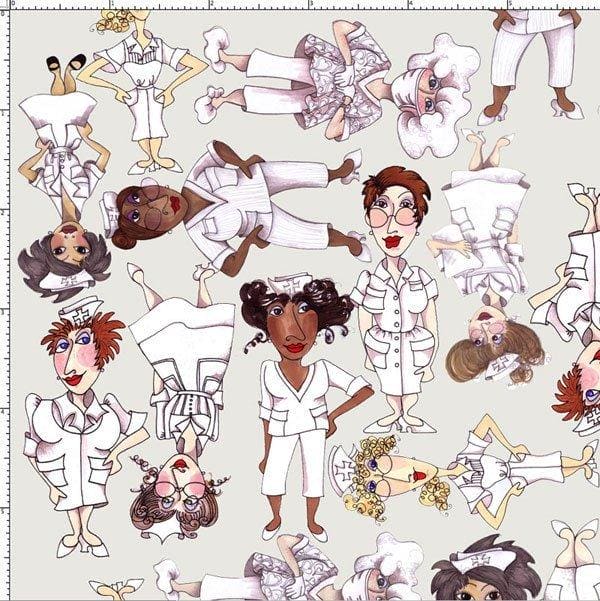Nifty Nurses - per yard - Loralie Harris Designs - tossed nurse hats on white - RebsFabStash