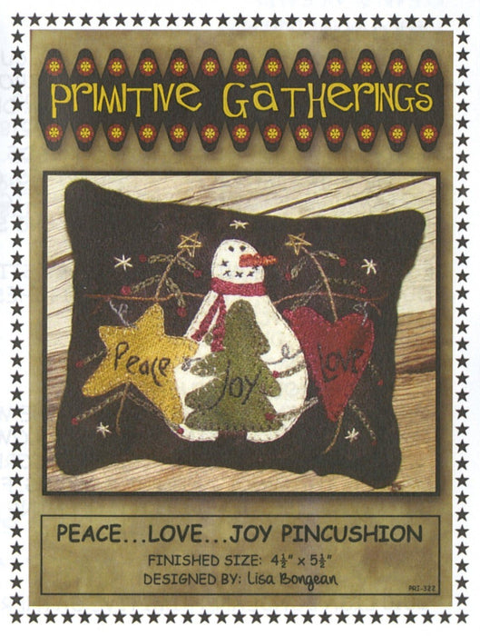 Peace Love Joy Snowman Pincushion- Mini pattern- Primitive Gatherings by Lisa Bongean -Primitive, Wool Applique, pillow, pincushion #322 - RebsFabStash