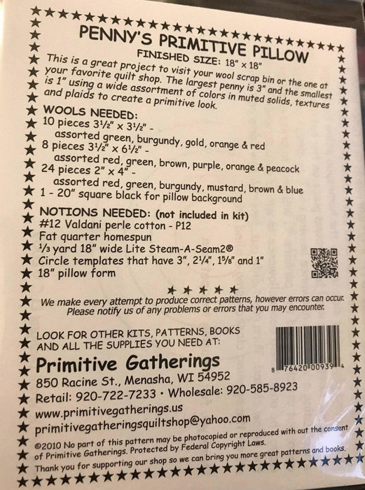Penny's Primitive Pillow- Mini pattern- Primitive Gatherings by Lisa Bongean -Primitive, Wool Applique, precut friendly #939 - RebsFabStash