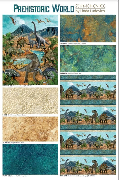 NEW! Stonehenge Prehistoric World - Dinosaurs Border Stripe - Per Yard - by Linda Ludovico for Northcott - Digital Print - Teal Multi - DP24742-68
