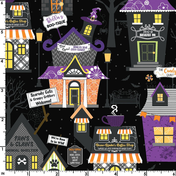 PREORDER! Hometown Halloween - per yard - by Kim Christopherson of Kimberbell for Maywood Studio - Black Hometown Houses - MAS9920-J - RebsFabStash