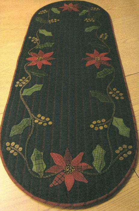 Primitive Gatherings - Holly & Poinsettia Runner, placemat, topper - Pattern - Designed by Lisa Bongean - Flannel or Wool applique - RebsFabStash