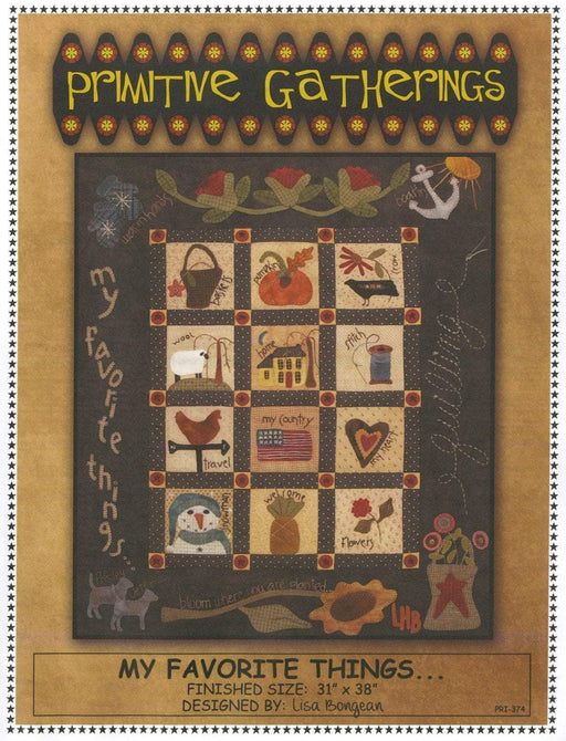 Primitive Gatherings - My Favorite Things - Quilt Pattern - Designed by Lisa Bongean - Flannel, Wool applique - snowman, pumpkin, heart - RebsFabStash