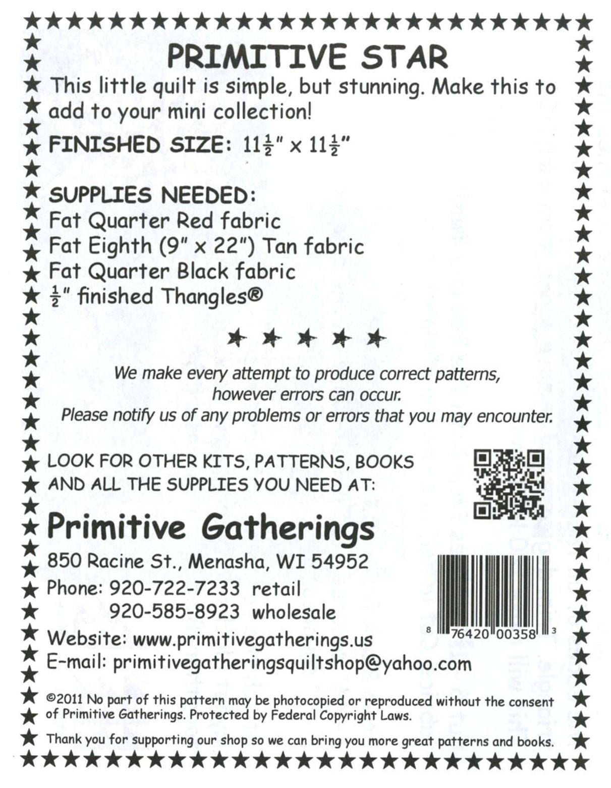 Primitive Star- Mini pattern- Primitive Gatherings by Lisa Bongean -Pr ...