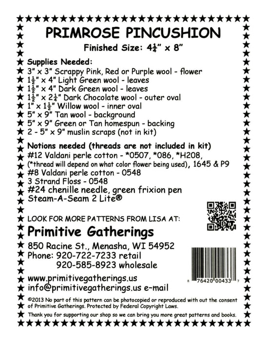 Primrose Pincushion- Mini pattern- Primitive Gatherings by Lisa Bongean -Primitive, Wool Applique, pillow, pincushion precut friendly #433 - RebsFabStash