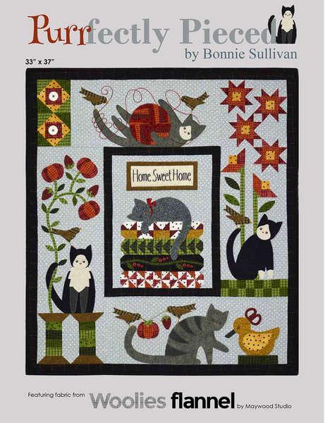 Purrfectly Pieced - Block of the Month Quilt Pattern - Bonnie Sullivan - Complete Set 5 blocks - Flannel or Wool Applique - Bonus projects!! - RebsFabStash