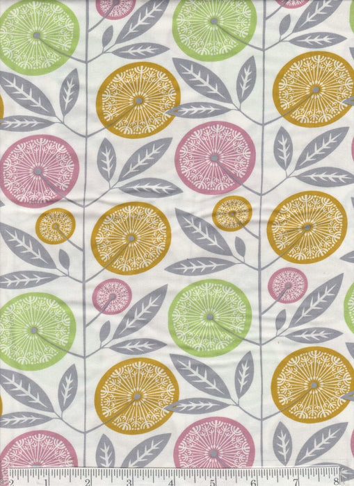 RAYON Fabric - Cali Mod collection by Joel Dewberry - Free Spirit - Pattern Floral Stock, Color Cactus - Green Yellow Pink Flowers on white - RebsFabStash