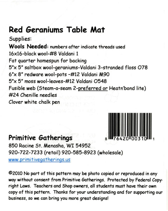 Red Geraniums -Table Mat, Placemat pattern-Primitive Gatherings -Lisa Bongean-Primitive, Wool applique, precut friendly #310 - RebsFabStash