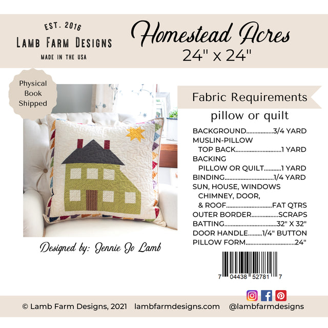 Homestead Acres - PATTERN by Jennie Jo Lamb of Lamb Farm Designs - Pillow or Quilt - size 24" x 24"