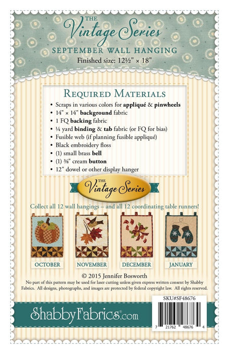 September Wall Hanging- Pattern - by Shabby Fabrics - 12" x 18" - The Vintage Series - RebsFabStash