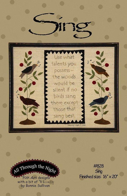 Sing - embroidery and wool applique PATTERN - Bonnie Sullivan-Flannel or Wool-All Through the Night -Primitive, applique - RebsFabStash