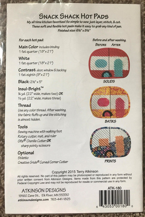 Snack Shack Hot Pads Pattern - Atkinson Designs - Terry Atkinson - ATK 180 - Campers - RebsFabStash