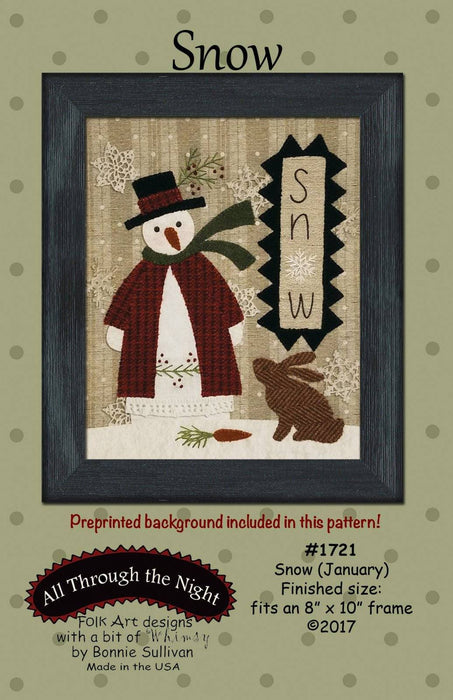 Snow - Preprinted embroidery applique pattern - Bonnie Sullivan - Flannel or Wool - All Through the Night - Primitive, applique - RebsFabStash