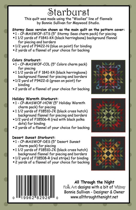 Starburst - Quilt PATTERN - by Bonnie Sullivan - All Through The Night - Maywood - Uses Woolies Flannel! - RebsFabStash
