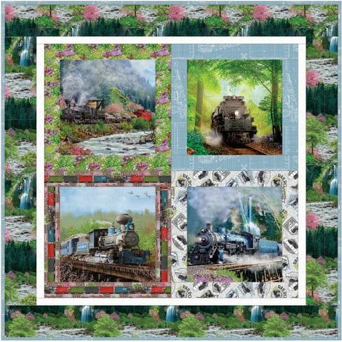 Steam in the Spring Wall Hanging - QUILT KIT - by 3 Wishes - Features Steam in the Spring Fabric by 3 Wishes - Trains - 42.5" x 42.5"-Quilt Kits & PODS-RebsFabStash