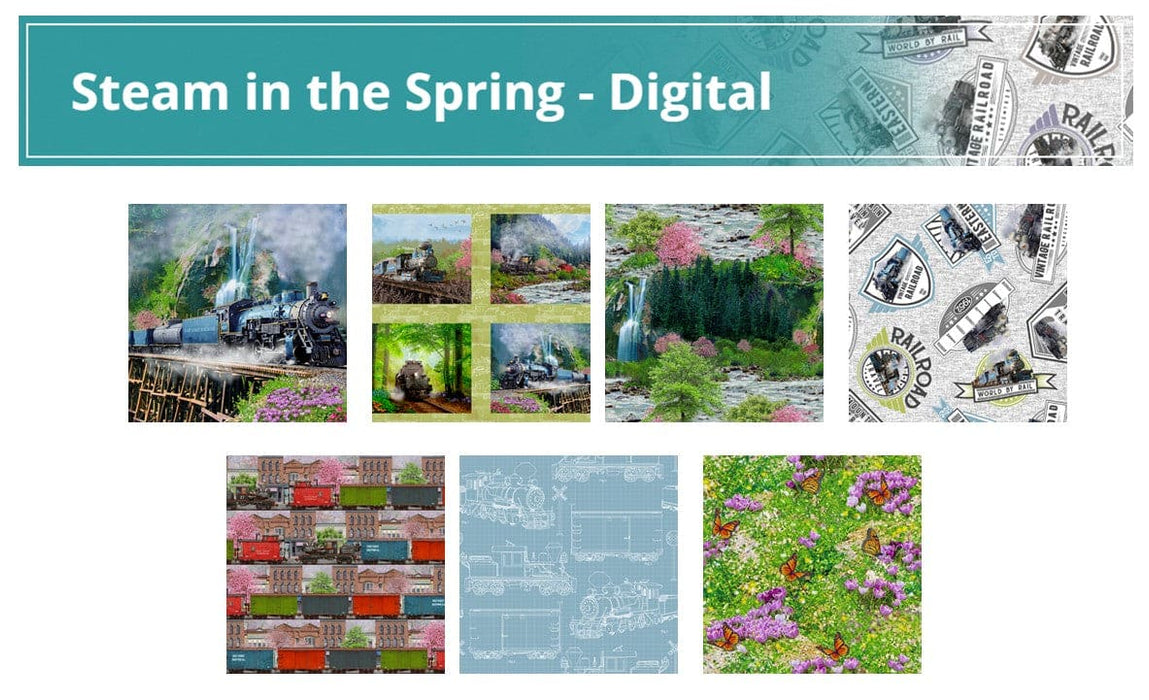 NEW! Steam in the Spring - 36" PANEL! - Four Block Train Panel - by Michael Shelton for 3 Wishes - 18719-PNL