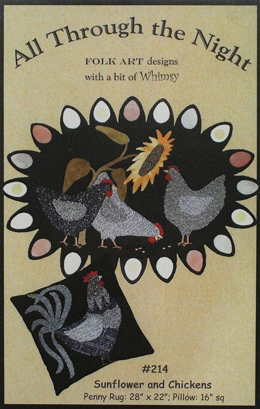 Sunflower and Chickens #214 - Primitive wool applique pattern - penny rug, table topper Bonnie Sullivan- Flannel or Wool - Through the Night - RebsFabStash