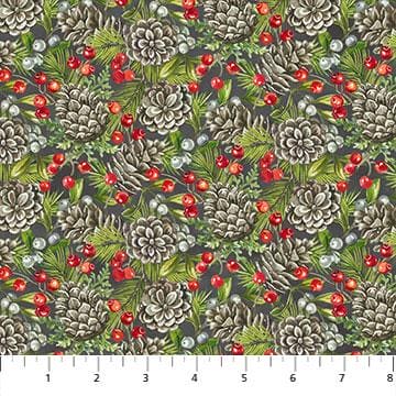 The Scarlet Feather - Pine Cone Toss - per yard - by Deborah Edwards for Northcott - Charcoal Multi - RebsFabStash