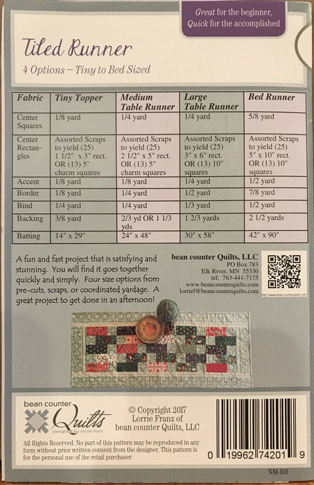Tiled Runner - Pattern for table runner or bed runner - Lorrie Franz- Bean Counter Quilts- NM-150 - RebsFabStash
