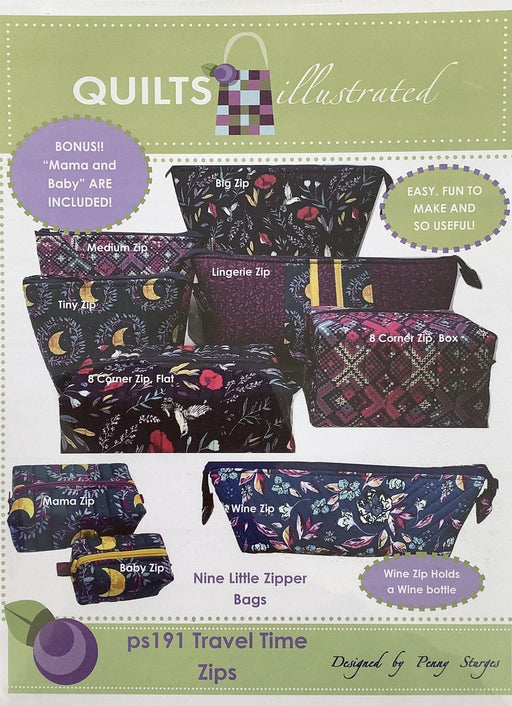 Travel Time Zips - PATTERN - Designed by Penny Sturges - Quilts Illustrated pattern - Nine Little Zipper Bags - ps191 - RebsFabStash