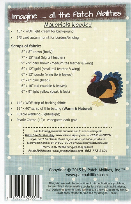 Turkey Turkey! Table Runner quilt Pattern by Patch Abilities, Inc. Easy Pattern - Thanksgiving - use for wool or cotton! - RebsFabStash
