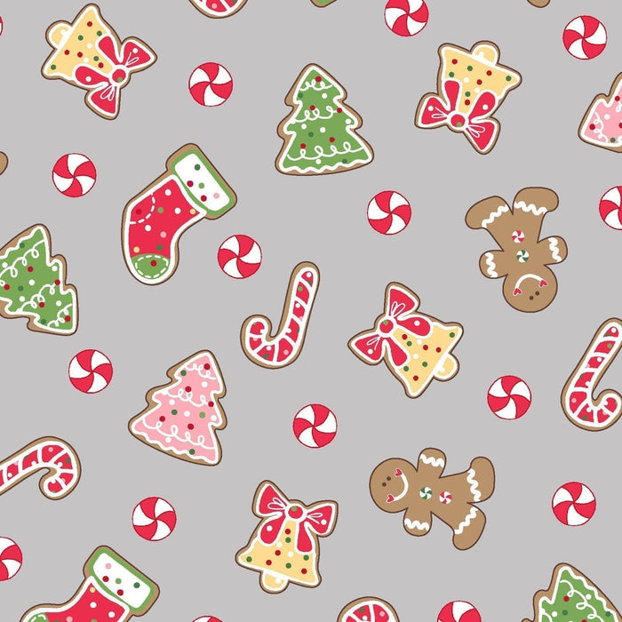 We Whisk You a Merry Christmas PER YARD -Kim Christopherson-Kimberbell Designs- Maywood Christmas cookies on Gray (Grey) - RebsFabStash