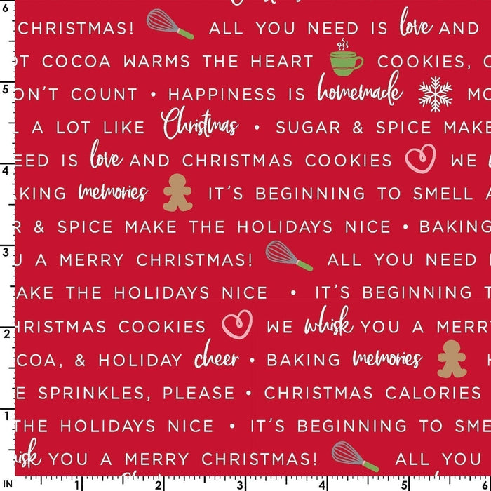 We Whisk You a Merry Christmas PER YARD -Kim Christopherson-Kimberbell Designs- Maywood Words on Red Holiday Baking Phrases - RebsFabStash