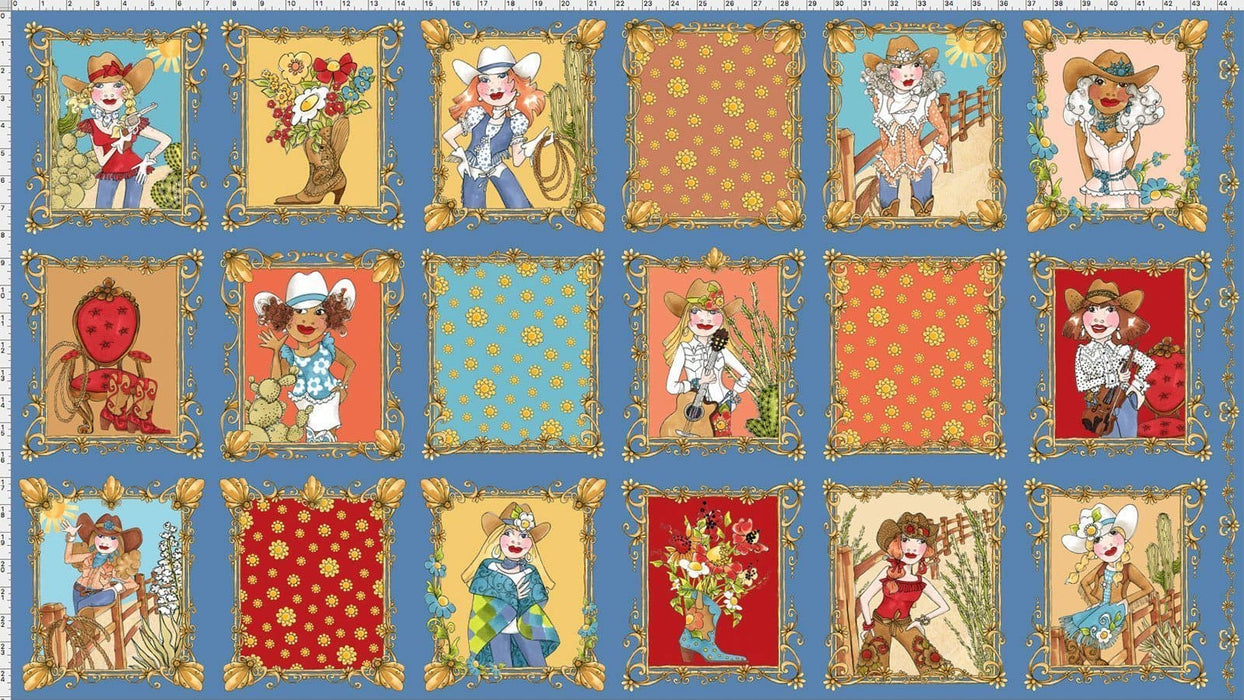 Whoa Girl! - PANEL - Loralie Harris Designs - New collection by Loralie! Cowgirl, boots, ropes, yee haw! Panel blocks on Turquoise Blue - RebsFabStash