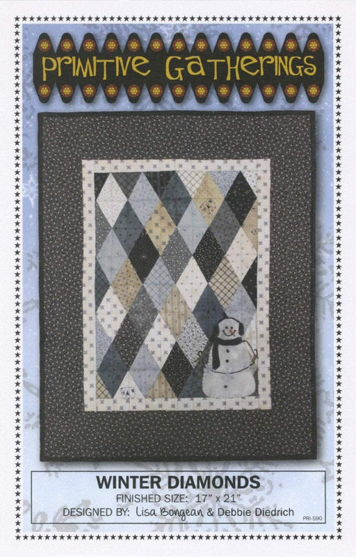 Winter Diamonds- quilt or wall hanging pattern- Primitive Gatherings by Lisa Bongean -Wool, Applique, Charm pack friendly #590, snowman - RebsFabStash