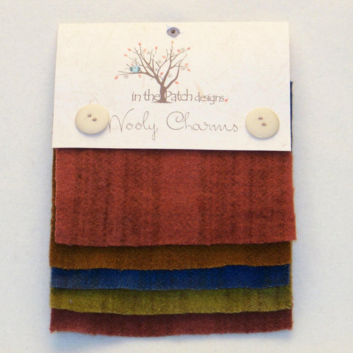 Wooly Charms "Primitive" by In the Patch Designs - (5) 5" x 5" squares of felted hand dyed wools - Red, brown, grey/blue, tan, plum - RebsFabStash